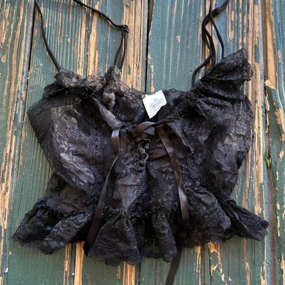 Black lace corset top with ribbon ties and ruffles small